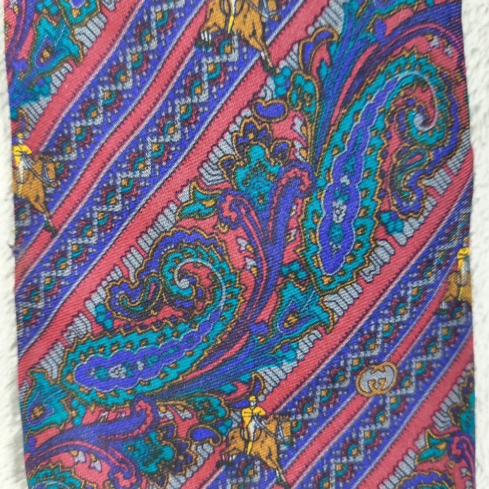 Vintage Gucci Tie Mens 56x3.5 Blue Paisley Equestrian Horse Silk Made In Italy - Picture 2 of 8
